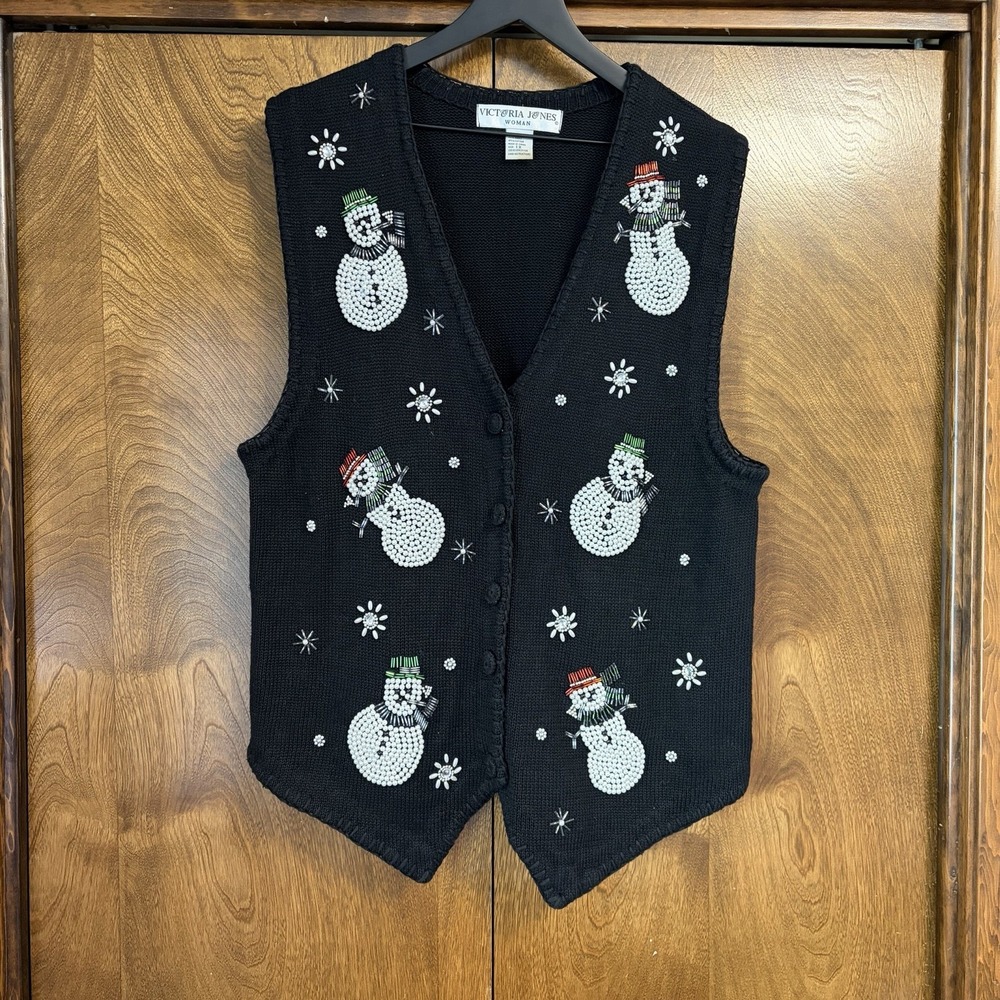 VTG Woman's 1X Beaded Snowman Sweater Vest 90s Winter Christmas Buttons Gems Fun